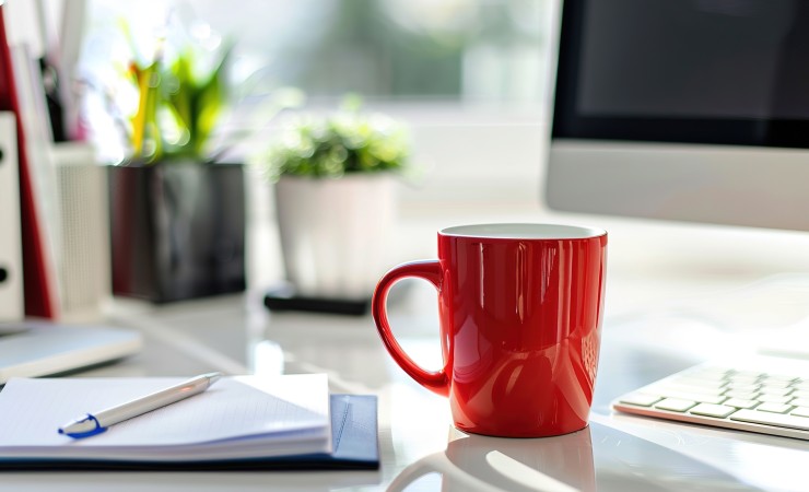 red coffee cup at an office desk